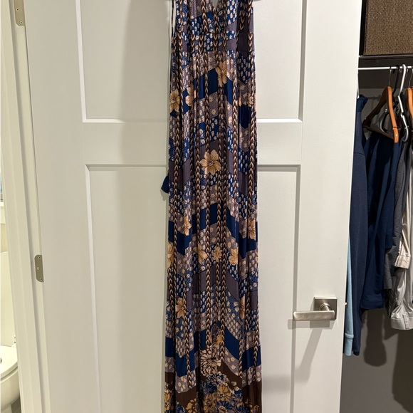 Floral Halter Maxi Dress - Blue and Tan - Picture 5 of 6
